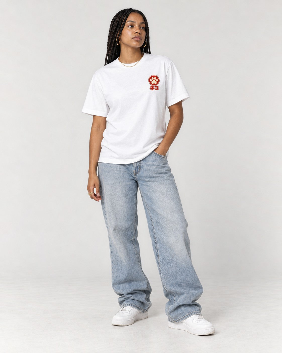 Cat Ramen Back T-Shirt in White, full body