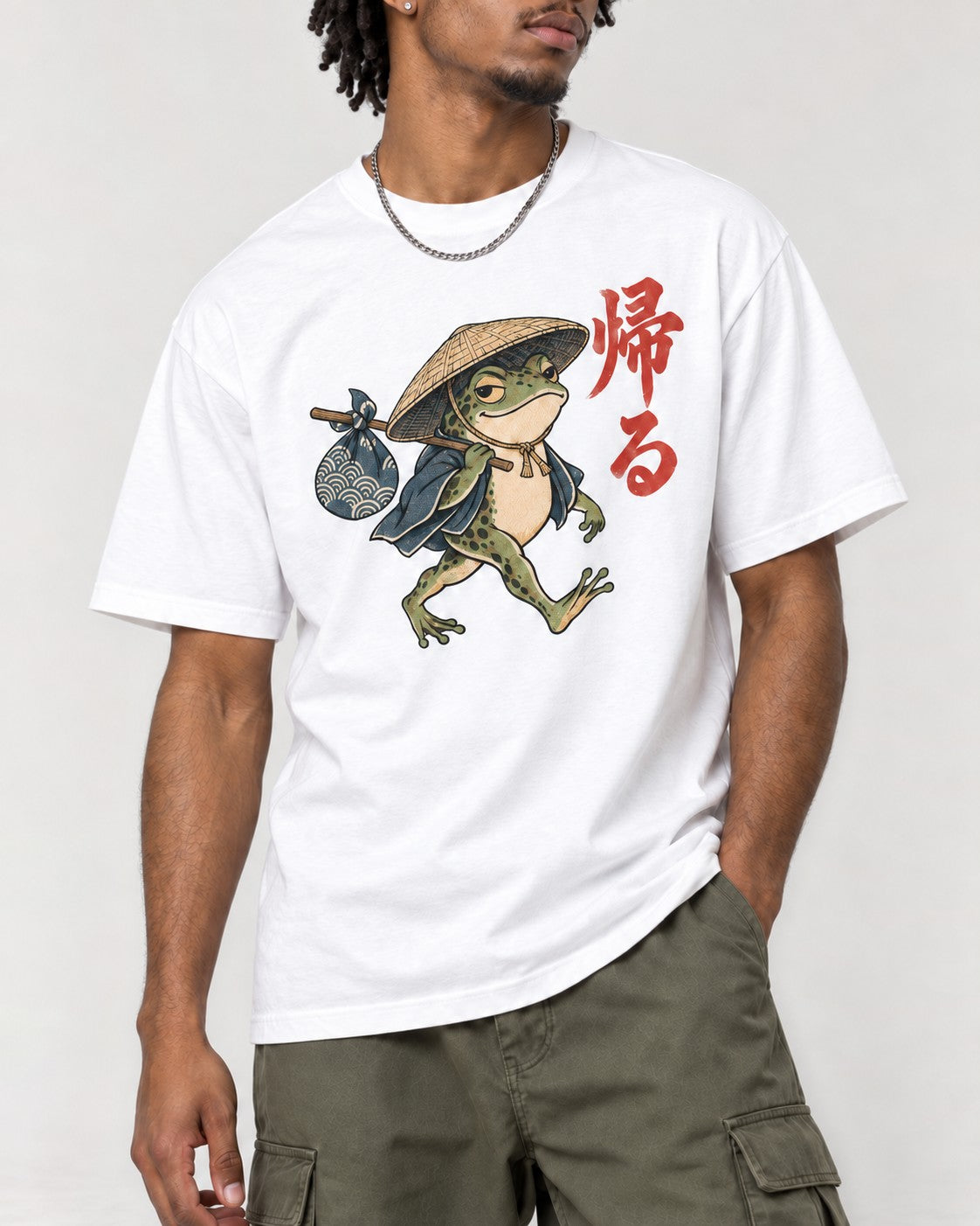 Kaeru Japanese frog tee in White, close-up