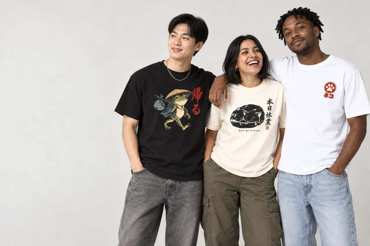 Three friends wearing InkForm tees: the Kaeru frog on black, Out of Office cat on ivory, Cat Ramen on white